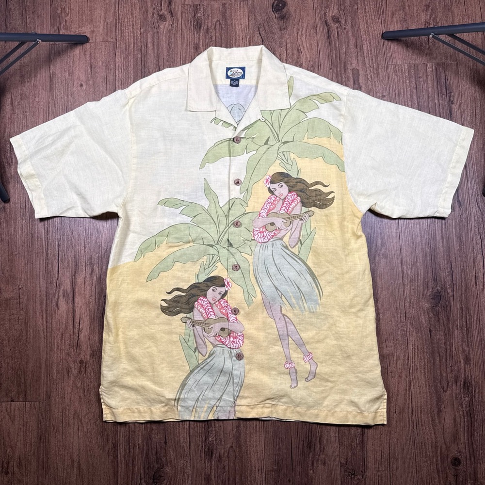 Tommy Bahama Linen Camp Shirt Men M Cream Hula Girl Ukulele Tropical Resort Loop - Picture 2 of 8